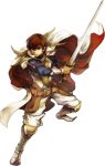  armor boots brown_eyes brown_hair cape fire_emblem fire_emblem:_kakusei fire_emblem:_thracia_776 leaf_(fire_emblem) male official_art solo sword wada_sachiko weapon 