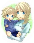  1girl adult age_difference asemu_asuno blonde_hair blue_eyes blush carrying emily_armond gundam gundam_age hoodie mother_and_son nogusa_(shamo_nb) open_mouth outstretched_arm shorts young 
