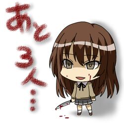  amagami blood blood_on_face bloody_weapon brown_hair chibi empty_eyes grey_eyes kamizaki_risa knife lowres school_uniform shouji_2 skirt smile solo translated yan yandere 