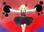  blonde_hair dress_shirt eyelashes faux_traditional_media hair_ribbon highres light_smile lips long_sleeves looking_at_viewer malsans open_hands outstretched_arms parted_lips red_background red_eyes ribbon rumia shirt short_hair skirt solo spread_arms touhou vest 