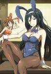  alternate_costume animal_ears armband asymmetrical_hair banboro_(technobot) black_hair blue_eyes bowtie breasts brown_hair bunny_ears bunnysuit cleavage detached_collar fishnet_legwear fishnet_pantyhose fishnets hair_between_eyes hairband hyouka irisu_fuyumi long_hair looking_at_viewer pantyhose pumps rabbit_ears sawakiguchi_misaki sitting smile tongue v wrist_cuffs 