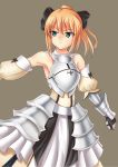  ahoge armor armored_dress asuka1love bare_shoulders blonde_hair bow detached_sleeves dress fate/stay_night fate/unlimited_codes fate_(series) faulds gauntlets green_eyes hair_bow highres long_hair ponytail saber saber_lily solo 