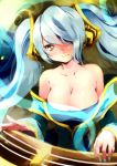 bad_id bare_shoulders blue_hair breasts cleavage hair_over_one_eye harp instrument jinichu large_breasts league_of_legends long_hair smile solo sona_buvelle twintails yellow_eyes 