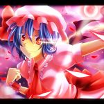  ascot bat_wings blue_hair daradara1999 fang fuuna_(conclusion) hat letterboxed moon outstretched_arms red_eyes red_moon remilia_scarlet short_hair skirt smile solo touhou wings wrist_cuffs 