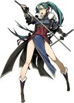  boots dual_wielding fire_emblem fire_emblem:_kakusei fire_emblem:_rekka_no_ken fur_trim green_eyes green_hair high_ponytail long_hair lyndis_(fire_emblem) miwa_shirou official_art ponytail sash solo sword weapon 