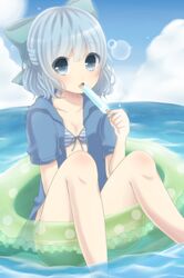  bikini blue_bikini blue_eyes blue_hair bow cirno hair_bow highres innertube mutsumi326 open_clothes open_mouth open_shirt popsicle short_hair solo striped striped_bikini striped_swimsuit swimsuit touhou 