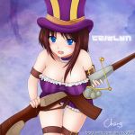  absurdres bare_shoulders belt blue_eyes blush breasts brown_hair caitlyn_(league_of_legends) character_name cheng cleavage collar frills gun hat highres large_breasts league_of_legends open_mouth rifle signature solo taut_shirt thigh_gap thighs weapon 