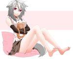  adapted_costume alternate_costume animal_ears bare_legs bare_shoulders barefoot breasts elbow_gloves feet gloves highres icf inubashiri_momiji mazuka_kei pillow red_eyes short_hair silver_hair simple_background sitting smile solo stuffed_animal stuffed_toy tail touhou white_background wolf_ears wolf_tail 