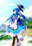 arm_up blue_hair blue_sky boots cloud clouds cross-laced_footwear fingernails food fruit hand_in_hair hat hat_removed headwear_removed highres hinanawi_tenshi keystone leaf light_smile lips long_hair looking_up mountain peach red_eyes ribbon scarlet_moon shide shimenawa short_sleeves skirt sky solo sun touhou tree very_long_hair walking wind
