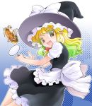  blonde_hair bow brown_eyes catfish fish hat hat_bow kirisame_marisa long_hair looking_at_viewer mizuki_hitoshi namazu open_mouth short_sleeves smile solo touhou witch_hat 