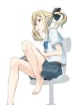  barefoot blonde_hair brown_eyes feet feet_on_chair highres koujiro_frau koujiro_furau mouth_hold pocky robotics;notes school_uniform serafuku simple_background sitting skirt solo tenkuu_nozora toes twintails white_background 