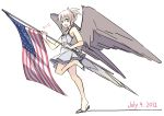  2012 american_flag bird_wings blonde_hair brown_eyes dated dress flag fourth_of_july holding leg_up open_mouth original sandals seo_tatsuya short_hair simple_background smile solo standing_on_one_leg white_background white_dress wings 