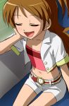  :d arm_support bangs belt blush brown_hair buttons chin_rest closed_eyes crop_top eyes_closed flat_chest from_above hand_on_own_face happy haruyama kuromajo-san_ga_tooru!! long_hair midriff navel open_clothes open_mouth open_shirt shadow shion_megu shirt short_shorts shorts side_ponytail sitting smile solo thigh_gap tubetop very_long_hair 