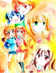  analog atarashi_ako blue_eyes brown_hair cardigan green_eyes long_hair matsumi_kuro matsumi_yuu multiple_girls ponytail ribbon sagimori_arata saki saki_achiga-hen scarf short_hair siblings sisters takakamo_shizuno traditional_media v watercolor_(medium) yason 