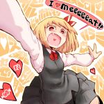  :d blonde_hair blush dress english fang food heart meat open_mouth outstretched_arm outstretched_arms red_eyes reverse_translation rumia ryuhey short_hair smile solo speech_bubble touhou 