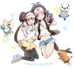  akita_komachi_(pixiv3139843) baseball_cap blue_eyes blush brown_hair cutoffs denim denim_shorts double_bun female_protagonist_(pokemon_bw2) hat long_hair mei_(pokemon) midriff multiple_girls navel open_fly oshawott pantyhose poke_ball pokemon pokemon_(game) pokemon_bw pokemon_bw2 ponytail raglan_sleeves short_shorts shorts skirt snivy tepig touko_(pokemon) twintails unzipped visor_cap wink 