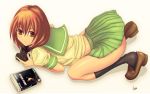  blush brown_eyes brown_hair controller dark_souls front_down_bottom_up game midoriyama_saki original pad playstation_3 school_uniform shoe_dangle skirt solo top-down_bottom-up viridian-c 