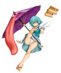  barefoot blue_eyes blue_hair geta heterochromia highres karakasa_obake kasuga_yukihito kicking long_tongue panties pantyshot red_eyes revision short_hair single_shoe skirt solo tatara_kogasa tongue touhou umbrella underwear white_panties work_in_progress 