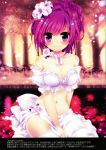  absurdres bare_shoulders between_legs blush braid breasts cherry_blossoms choker cleavage flower forest frills hair_flower hair_ornament hand_between_legs highres konno_kengo large_breasts light_smile long_hair looking_at_viewer midriff nature navel original petals pink_hair purple_eyes sarong scan sitting smile solo thigh-highs thighhighs translation_request uni-guru violet_eyes white_legwear 