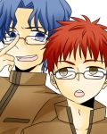  2boys blue_hair emiya_shirou fate/stay_night fate_(series) glasses kohetake_(ronpaxronpa) matou_shinji multiple_boys red_hair redhead uniform 