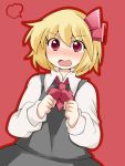  aenobas ascot blonde_hair blush commentary_request hair_ribbon hammer_(sunset_beach) open_mouth red_background red_eyes ribbon rumia shirt short_hair skirt skirt_set solo tears touhou vest 