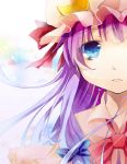  blue_eyes bow bust capelet crescent face hair_ribbon hat hat_ribbon kuran_(mkmrl) kyuuran long_hair parted_lips patchouli_knowledge purple_hair ribbon solo tears touhou 