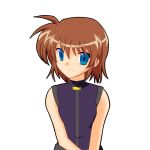  bare_shoulders blue_eyes brown_hair highres lyrical_nanoha mahou_shoujo_lyrical_nanoha mahou_shoujo_lyrical_nanoha_a&#039;s mahou_shoujo_lyrical_nanoha_a&#039;s_portable:_the_battle_of_aces mahou_shoujo_lyrical_nanoha_a's mahou_shoujo_lyrical_nanoha_a's_portable:_the_battle_of_aces material-s smile solo white_background 
