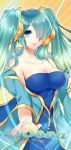  aqua_hair bare_shoulders blue_eyes breasts character_name cleavage hair_over_one_eye joypyonn league_of_legends long_hair solo sona_buvelle twintails 