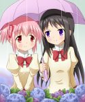  akemi_homura black_hair blush bow flower hair_ribbon hairband kaname_madoka long_hair looking_at_each_other mahou_shoujo_madoka_magica multiple_girls pink_eyes pink_hair purple_eyes rain ribbon school_uniform shared_umbrella short_hair smile twintails umbrella violet_eyes yoshitani_(aminosan) 