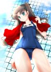  blue_eyes chainlink_fence chize fate_(series) from_below long_hair school_swimsuit swimsuit tohsaka_rin toosaka_rin towel twintails 