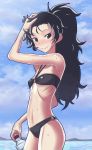  arm_up armpits bangs bikini black_bikini black_hair black_swimsuit blush bottle brown_eyes cloud copyright_request flat_chest freckles halterneck hand_in_hair hand_on_head highres holding long_hair looking_at_viewer looking_back matsuda_yuusuke mole mountain o-ring_bikini o-ring_bottom o-ring_swimsuit o-ring_top ocean outdoors ponytail profile ribs skinny sky solo standing sweat swimsuit water water_bottle wavy_hair 