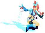 :d blue_eyes boots character_name full_body fuuro_(pokemon) gloves hair_ornament holding holding_poke_ball midriff navel open_mouth payot poke_ball pokemon pokemon_(game) pokemon_bw red_hair redhead shadow simple_background skllp smile solo v white_background 