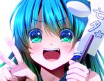  1girl :d blush face fang frog_hair_ornament gohei green_eyes green_hair hair_ornament hair_tubes highres holding kochiya_sanae long_hair open_mouth ryosios smile solo touhou translation_request v 
