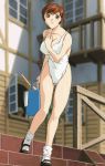  1girl animated animated_gif brown_eyes brown_hair bucket official_art one-piece_swimsuit outdoors short_hair solo standing super_real_mahjong swimsuit toyohara_etsuko 