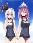  :d =_= asu_hare blue_eyes closed_eyes eyes_closed hair_ribbon hairband hand_holding hat highres holding_hands konpaku_youmu multiple_girls open_mouth pink_hair ribbon saigyouji_yuyuko school_swimsuit smile swimsuit touhou white_hair 