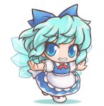  apron blue_hair chibi cirno dress grin ice ice_wings looking_at_viewer lowres onmitsu_doushin_a outstretched_arms short_hair smile solo touhou waist_apron wings 