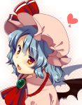  :d bat_wings blue_hair blush fang hat hat_ribbon heart matatabi_maru open_mouth red_eyes remilia_scarlet ribbon short_hair simple_background smile solo touhou white_background wings 