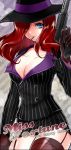  blue_eyes breasts character_name cleavage gun hat joypyonn league_of_legends long_hair mouth_hold pinstripe_pattern pinstripe_suit red_hair sarah_fortune solo thighhighs weapon 