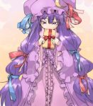  blush covering_mouth crescent dress gift hair_ribbon hat long_hair low-tied_long_hair patchouli_knowledge purple_eyes purple_hair ribbon roadksa solo touhou violet_eyes wide_sleeves 