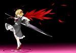  blonde_hair closed_eyes darkness desert_eagle ex-rumia eyes_closed gun hair_ribbon handgun highres huge_weapon mary_janes natsuki_mitsu necktie red_wings ribbon rumia shirt shoes short_hair skirt skirt_set solo sword touhou trigger_discipline vest waves weapon wings 