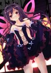  antenna_hair bare_shoulders black_hair butterfly butterfly_wings dress dress_lift elbow_gloves frilled_skirt gloves hasshin_aki_ichi headband highres kuroyukihime long_hair looking_at_viewer navel red_eyes smile wings 