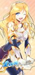  ;d blonde_hair blue_eyes character_name gloves hairband joypyonn league_of_legends long_hair luxanna_crownguard open_mouth smile solo staff white_gloves wink 
