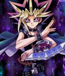  belt cape card chain chains duel_disk looking_at_viewer male millennium_puzzle multicolored_hair purple_eyes smile spiked_hair spiky_hair tank_top tapioca_(yiyiyi) violet_eyes wristband yami_yuugi yu-gi-oh! yuu-gi-ou yuu-gi-ou_duel_monsters 