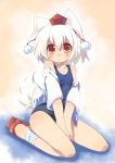 1girl animal_ears bandage bandages bare_shoulders between_legs blush collarbone eyebrows_visible_through_hair geta hand_between_legs hat highres inubashiri_momiji kneeling looking_at_viewer off_shoulder one-piece_swimsuit open_clothes red_eyes scan school_swimsuit shirt short_hair silver_hair small_breasts solo swimsuit tail tareme tengu-geta toba_hiyoko tokin_hat touhou v_arms white_hair wolf_ears wolf_tail 