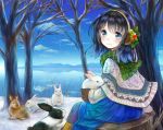  animal black_hair blue_eyes bunny earmuffs hanekoto mittens mountain original pantyhose pleated_skirt rabbit shawl sitting skirt smile snow solo stump tree tree_stump water winter 