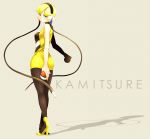  blonde_hair blue_eyes cable character_name choker from_behind full_body grey_background headphones high_heels holding holding_poke_ball kamitsure_(pokemon) legs looking_back pantyhose plug poke_ball pokemon pokemon_(game) pokemon_bw shadow shoes short_hair simple_background skllp solo 