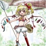  alternate_costume ascot belt blonde_hair boots bra butterfly_net cage fang flandre_scarlet food fruit hair_ribbon hand_net hat hat_removed hat_ribbon headwear_removed holding holding_hat katori_buta knee_boots kunai looking_away midriff mismatched_legwear mosquito_coil multicolored_background nanashii_(soregasisan) navel open_mouth red_eyes ribbon short_hair shorts side_ponytail smile solo straw_hat thigh-highs thighhighs touhou two-tone_background underwear watermelon weapon wind_chime wings yakitori 