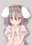  animal_ears blush brown_hair bunny_ears bust carrot clenched_hands dress frown grey_background hands_on_own_chest high_collar inaba_tewi jewelry looking_at_viewer necklace pink_dress puffy_sleeves rabbit_ears raised_finger red_eyes short_hair short_sleeves solo striped striped_background touhou warashi 