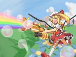  ascot blonde_hair bubble closed_eyes cloud clouds crossover eyes_closed flandre_scarlet hat hat_ribbon open_mouth parody pyroland rainblower rainbow ribbon short_hair side_ponytail skirt sky smile solo team_fortress_2 the_pyro touhou wings zassou_maruko 