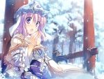  breasts breath capelet forest frills hat japanese_clothes nature obi open_mouth purple_eyes purple_hair ribbon saigyouji_yuyuko snow solo t-ray torii touhou tree triangular_headpiece violet_eyes warming winter 